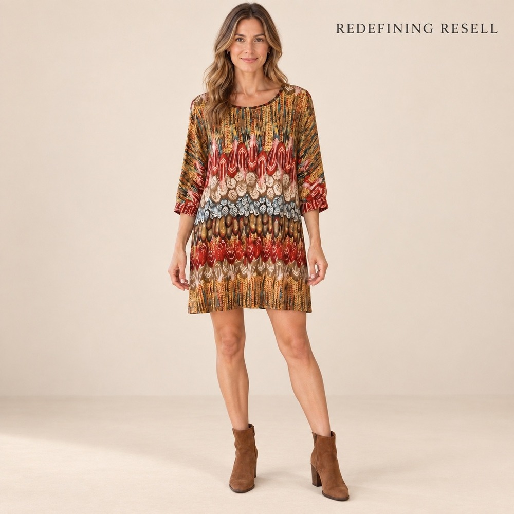 Uncle Frank Womens Feather Print Shift Dress Rust Teal 3/4 Sleeve Small 73153